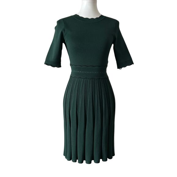 Ted Baker Forest Green Knit Skater Dress XS – Sculpted Pleats, Scallop Trim - Picture 6 of 6